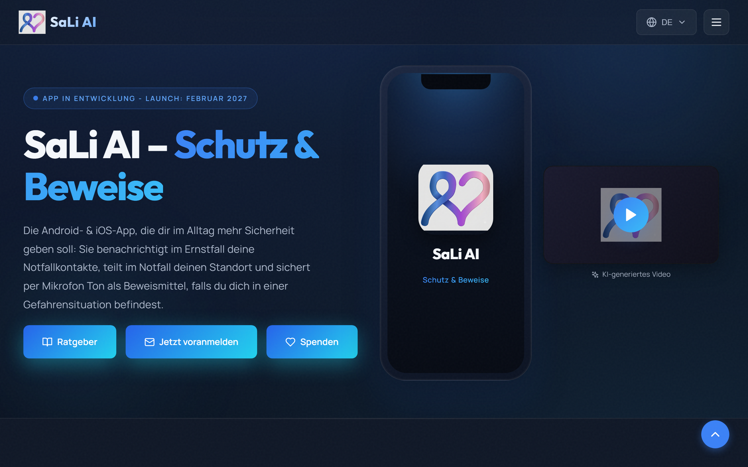 Screenshot der Website von SaLi AI – Sicherheits-App